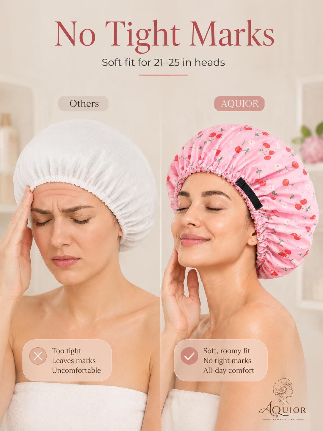 Aquior Shower Cap for Women, Extra Adjustable Shower Caps for Women Double-Layer Waterproof Reusable Hair Cap, Large Size Hair Cap for All Hair,for Girls Men Spa Bath,Soft and Comfortable (Cherry)