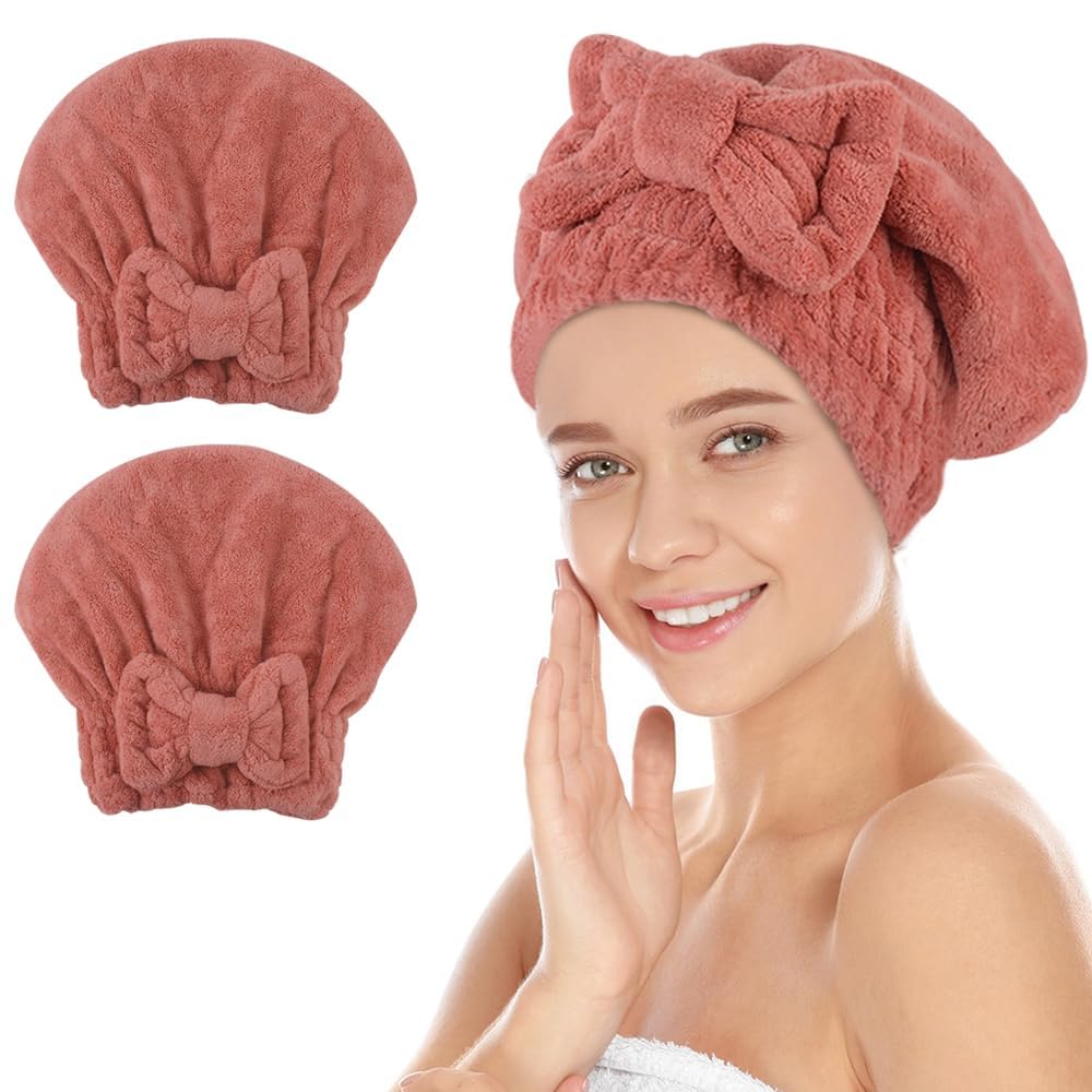 SUNLAND Large Microfiber Hair Drying Caps with Bow Knot 2 Pack Grey
