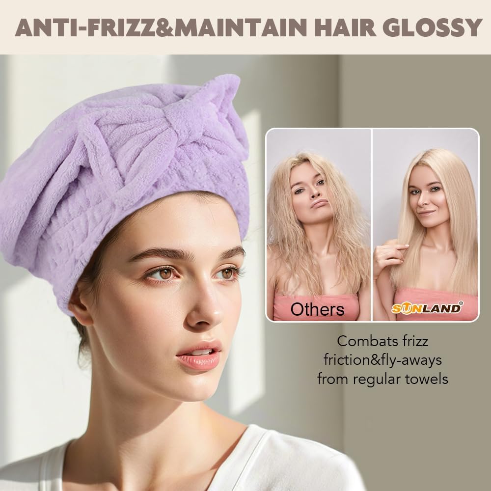 SUNLAND Large Microfiber Hair Drying Caps with Bow Knot 2 Pack Lightpurple