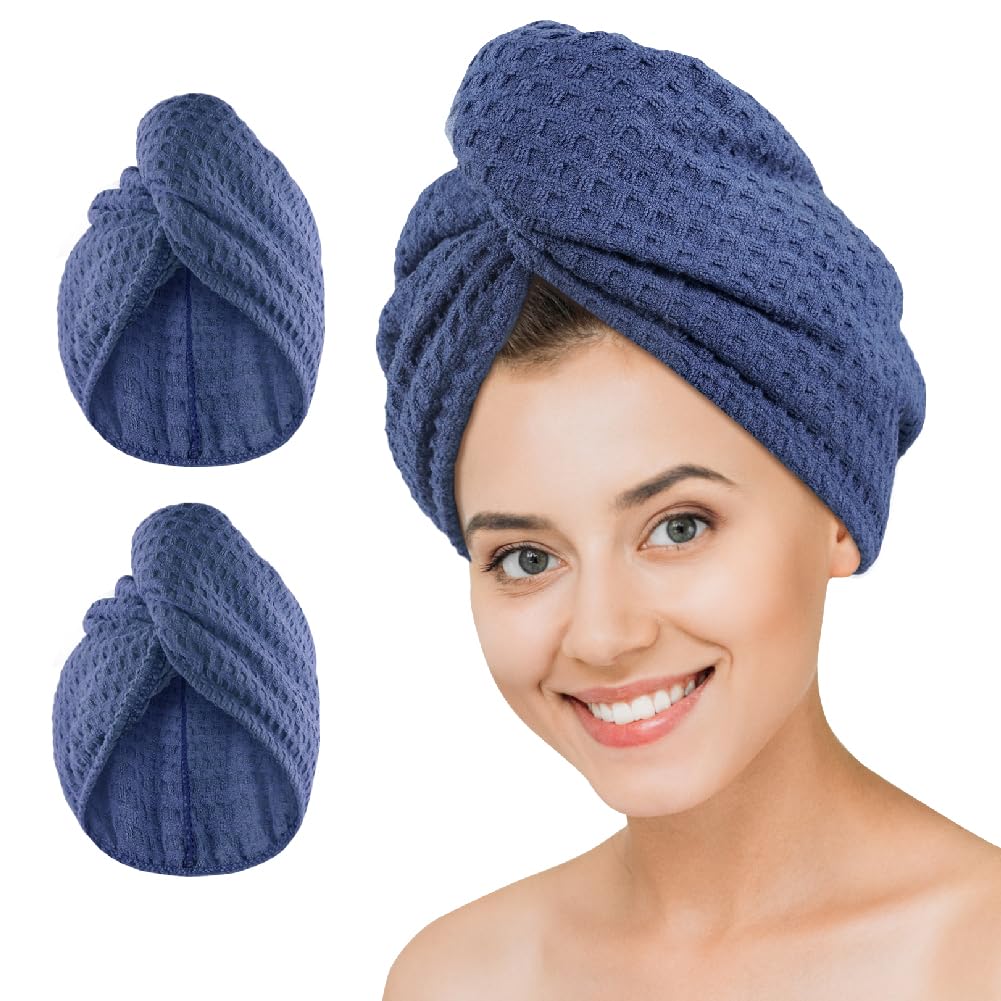 Microfiber Hair Drying Towel: 2 Pcs Waffle Long Hair Turban Wraps (Green)