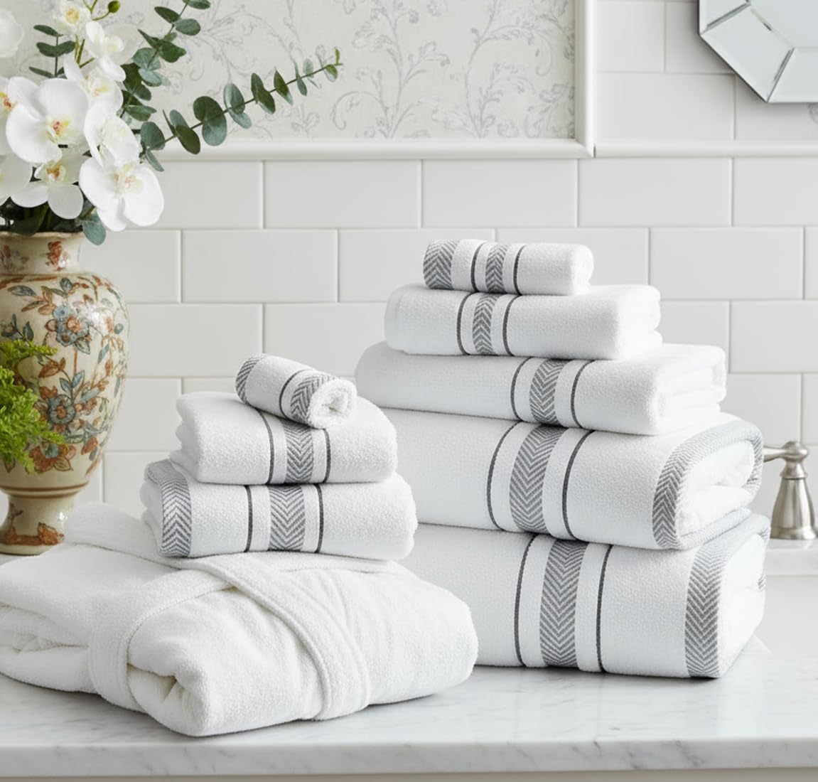 Bath Towels Set for Bathroom – Luxury 6-Piece Cotton Towels, Soft Absorbent & Quick Dry, 600 GSM Bath Towels for Bathroom, Hotel Spa Quality (White/Grey, 6- Bath Towel Set)
