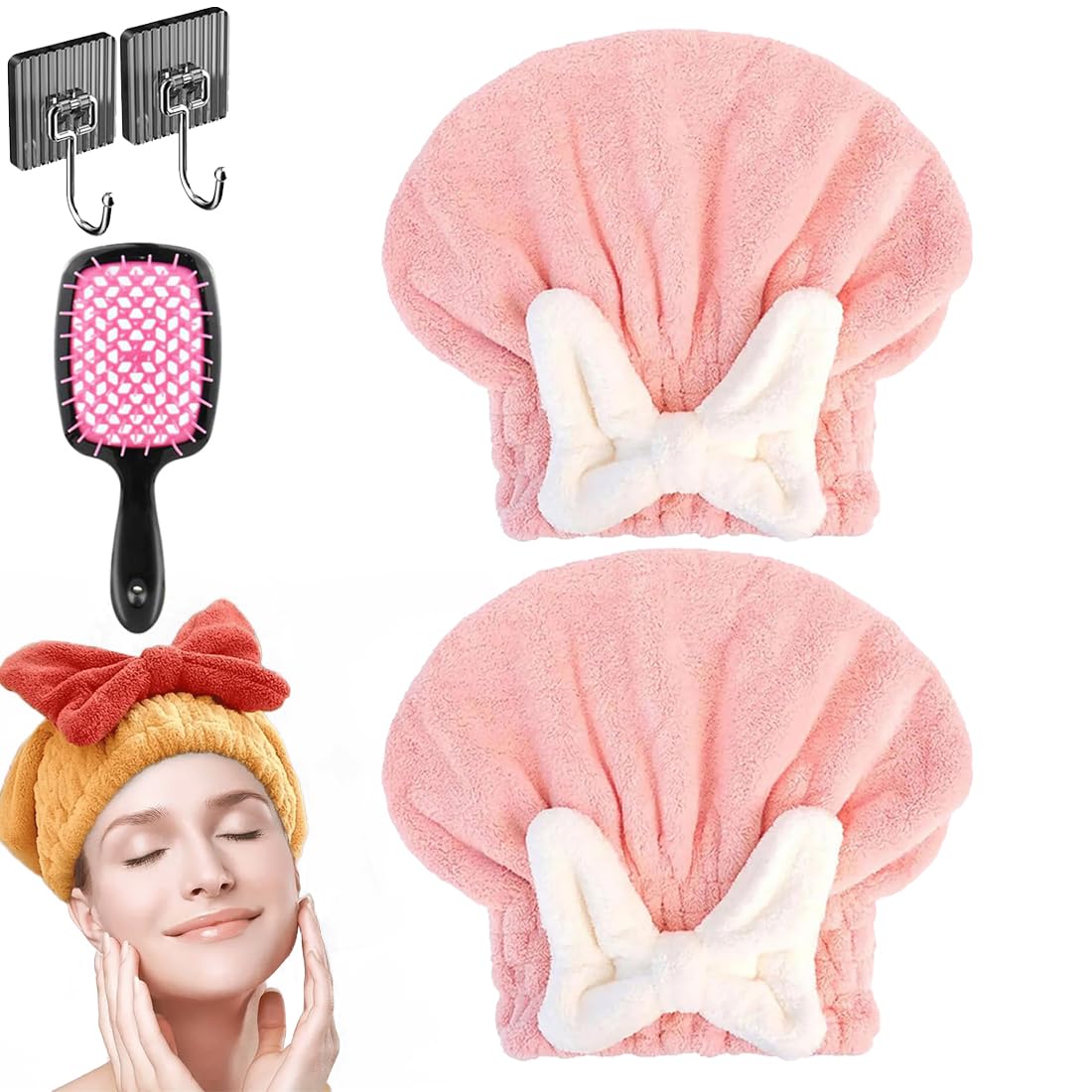 New Super Absorbent Hair Towel Wrap for Wet Hair, Microfiber Super Absorbent Hair Towel Wrap, Soft Absorbent Quick Drying Cap with Bow-Knot, Make Your Hair Smoother and shinier (2Pcs-A)