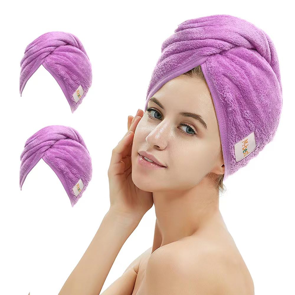 M-bestl 2 Pack Microfiber Hair Towel Wrap with Button,Quick Dry(Pink&Beige)