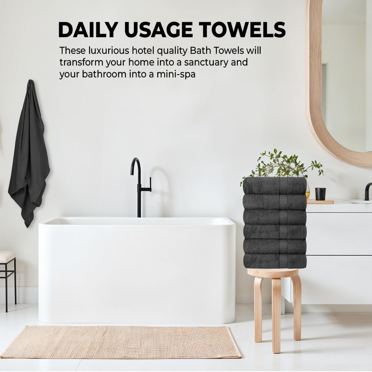 QUBA LINEN Hotel & Spa 100% Cotton Bath Towels Pack of 6, Ultra Soft, Quick Dry, Lightweight, Highly Absorbent, Perfect for Face, Hands, Spa, Gym, Hotel, Resort & Daily Use - Grey (24" x 48")