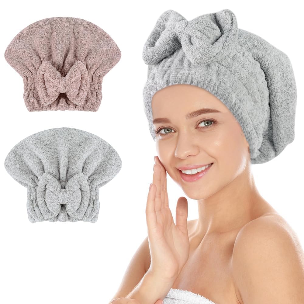 SUNLAND Large Microfiber Hair Drying Caps with Bow Knot 2 Pack Grey