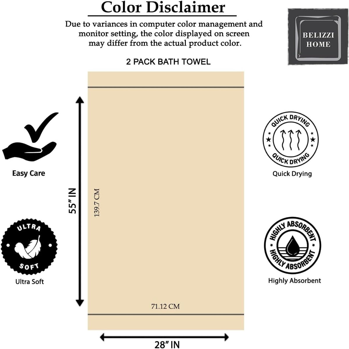 Belizzi Home Cotton 2 Pack Oversized Bath Towel Set 28x55 inches, Large Bath Towels, Ultra Absorbant Compact Quickdry & Lightweight Towel, Ideal for Gym Travel Camp Pool - Black