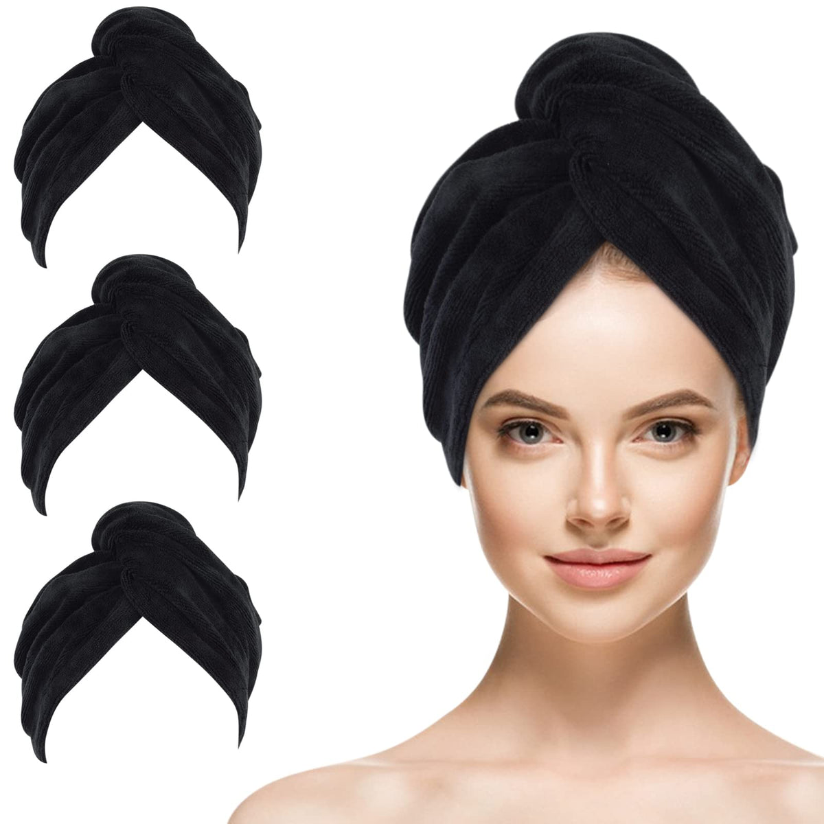 SINLAND Hair Drying Cap Hair Towel for Women 3 Pack Black
