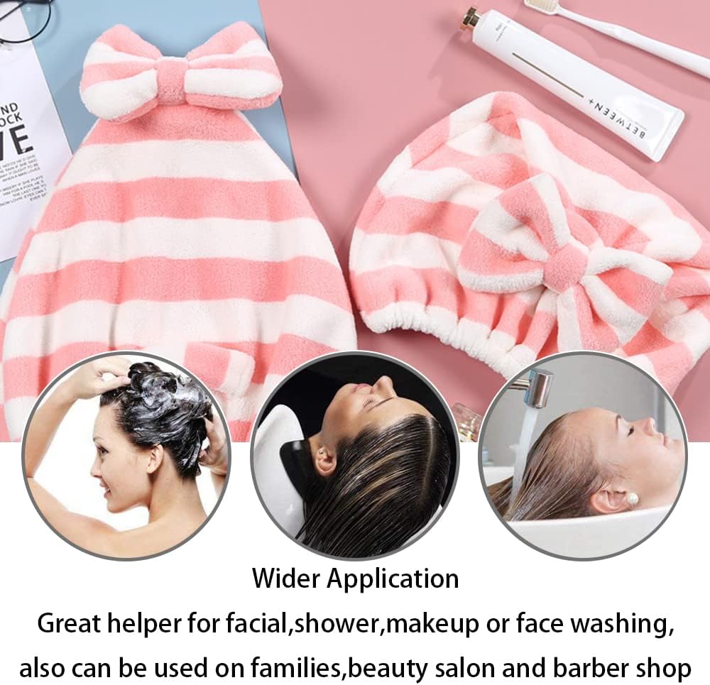 Large Microfiber Hair Towel Cap,Rapid Drying Towel For Hair,Ultra Soft Super Absorbent Hair Drying Towel Turban,Cute Gray&Pink Bow Hair Towel Wrap,Hair Drying Towels For Women Fast Dry(2pack)