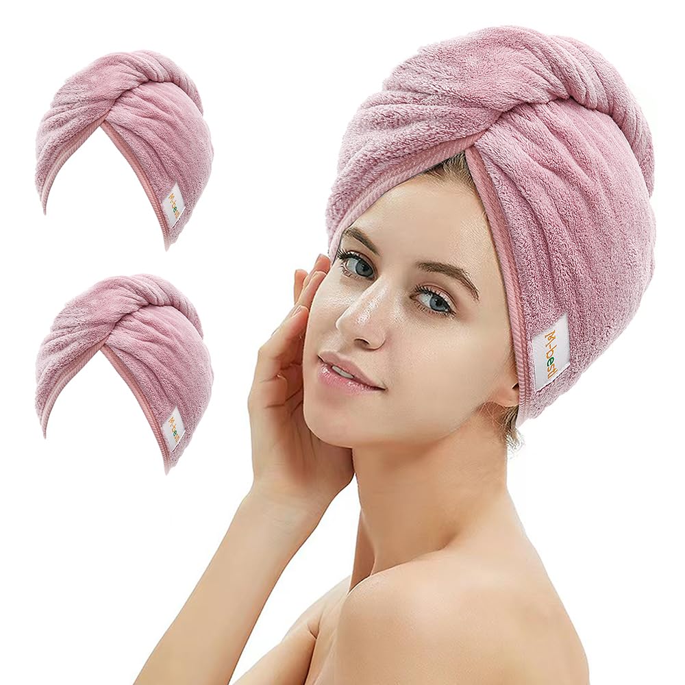 M-bestl 2 Pack Microfiber Hair Towel Wrap with Button,Quick Dry(Pink&Beige)