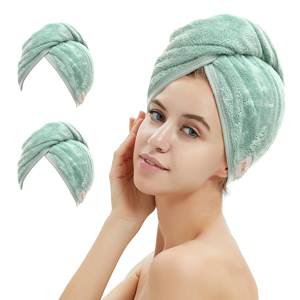 M-bestl 2 Pack Microfiber Hair Towel Wrap with Button,Quick Dry(Pink&Beige)
