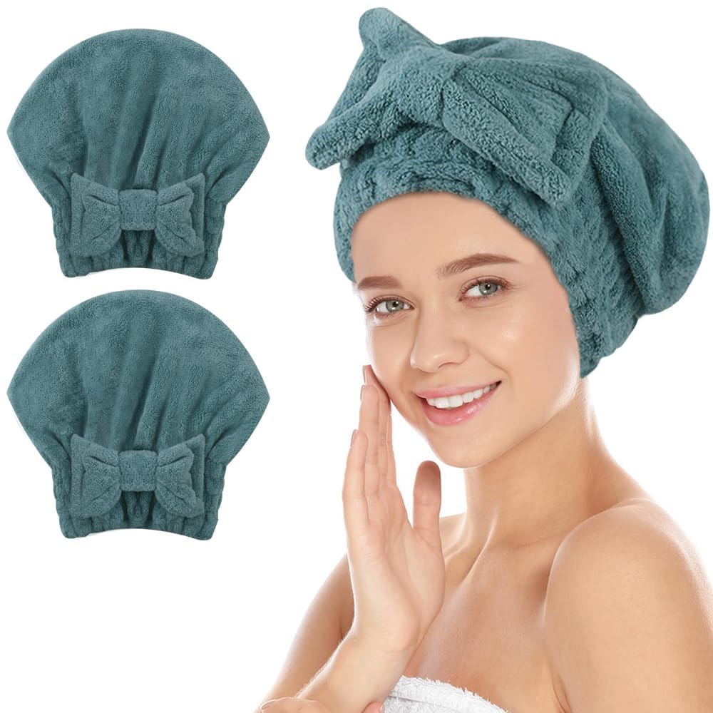 SUNLAND Large Microfiber Hair Drying Caps with Bow Knot 2 Pack Grey