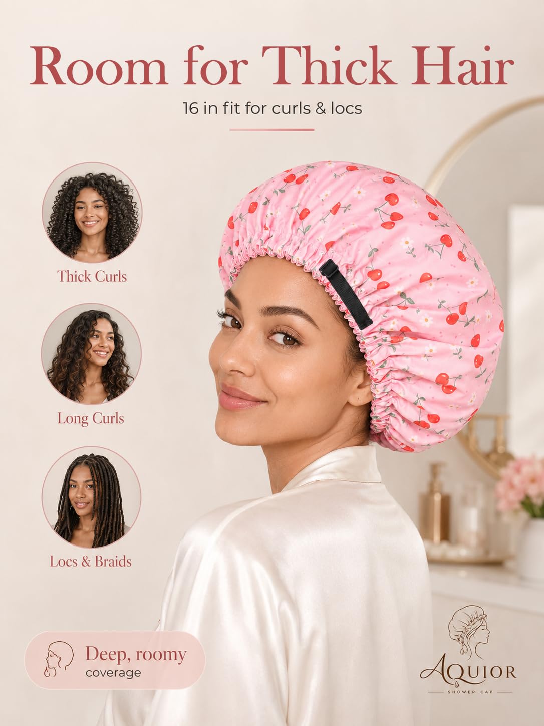Aquior Shower Cap for Women, Extra Adjustable Shower Caps for Women Double-Layer Waterproof Reusable Hair Cap, Large Size Hair Cap for All Hair,for Girls Men Spa Bath,Soft and Comfortable (Cherry)