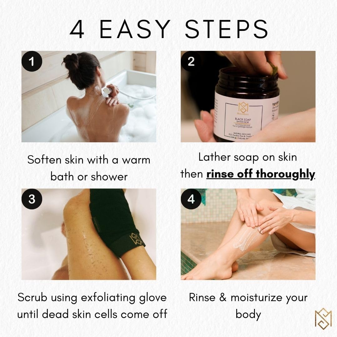 Exfoliating Glove Kessa Mitt Body Scrubber – Dead Skin Remover Shower Glove for Deep Pore Cleansing, Black Soap, and Moisturizer by Moroccan Source – 3 Piece Spa Set Kit