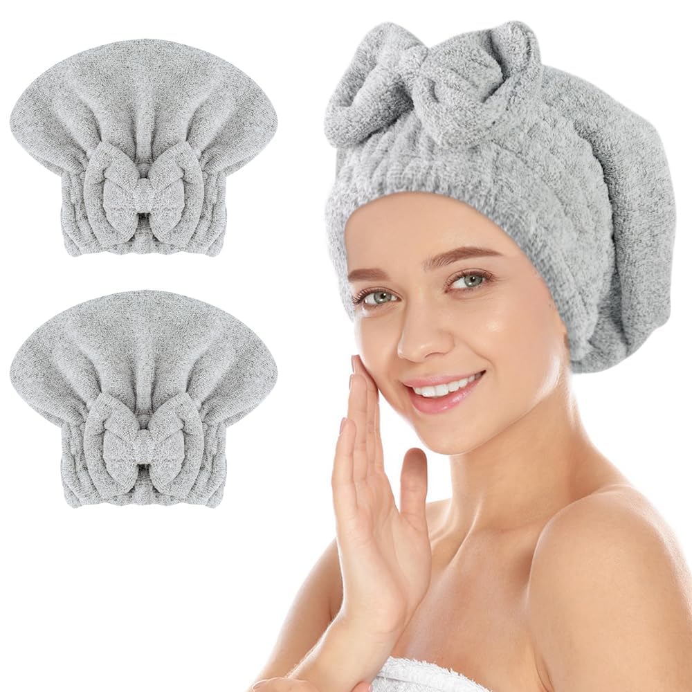 SUNLAND Large Microfiber Hair Drying Caps with Bow Knot 2 Pack Grey