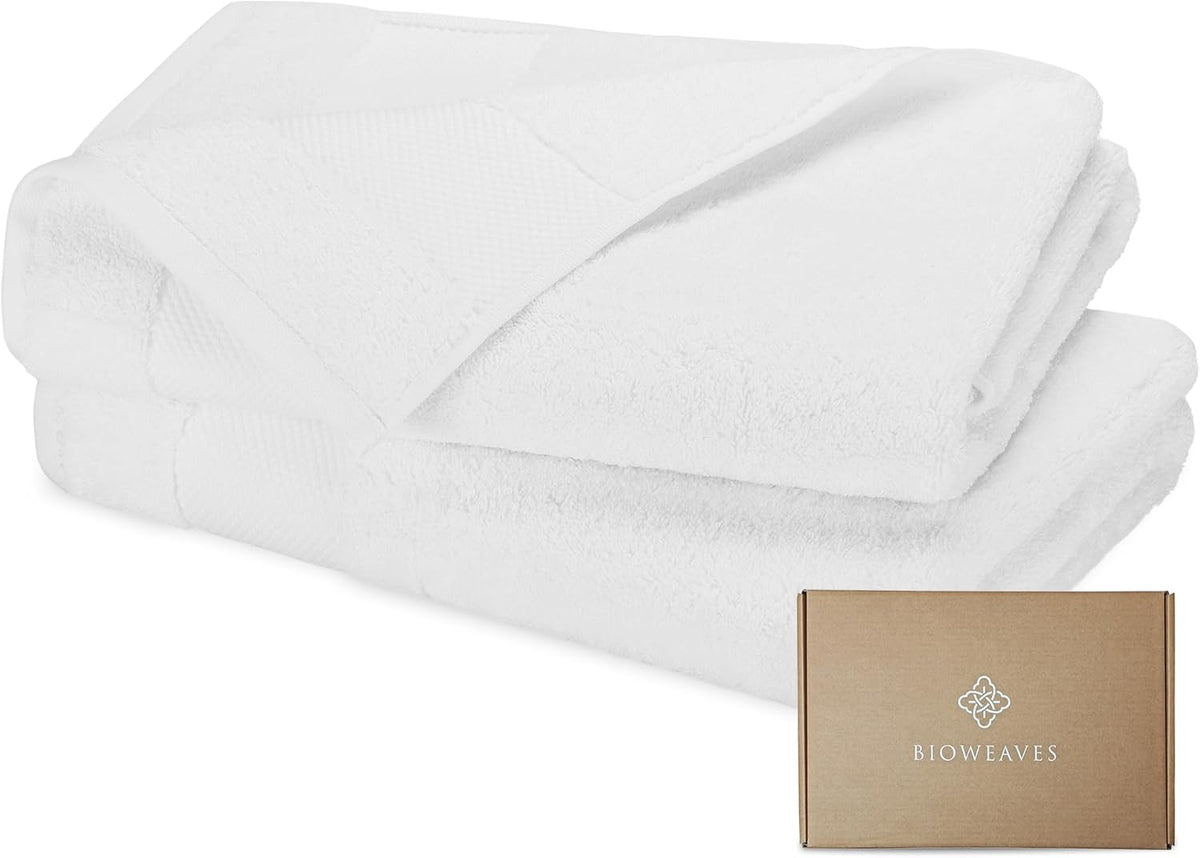 BIOWEAVES 100% Organic Cotton 700 GSM Plush Bath Towels 30" x 58" GOTS Certified - White, Pack of 2