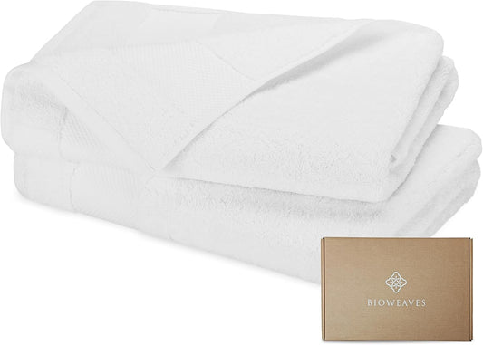 BIOWEAVES 100% Organic Cotton 700 GSM Plush Bath Towels 30" x 58" GOTS Certified - White, Pack of 2