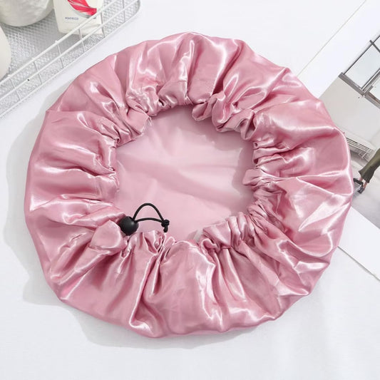 Essential Aura's Luxe Waterproof Shower Cap – Reusable Double-Layer, Non-Slip Cap for Women, One Size Fits All Hair Types (Pink)