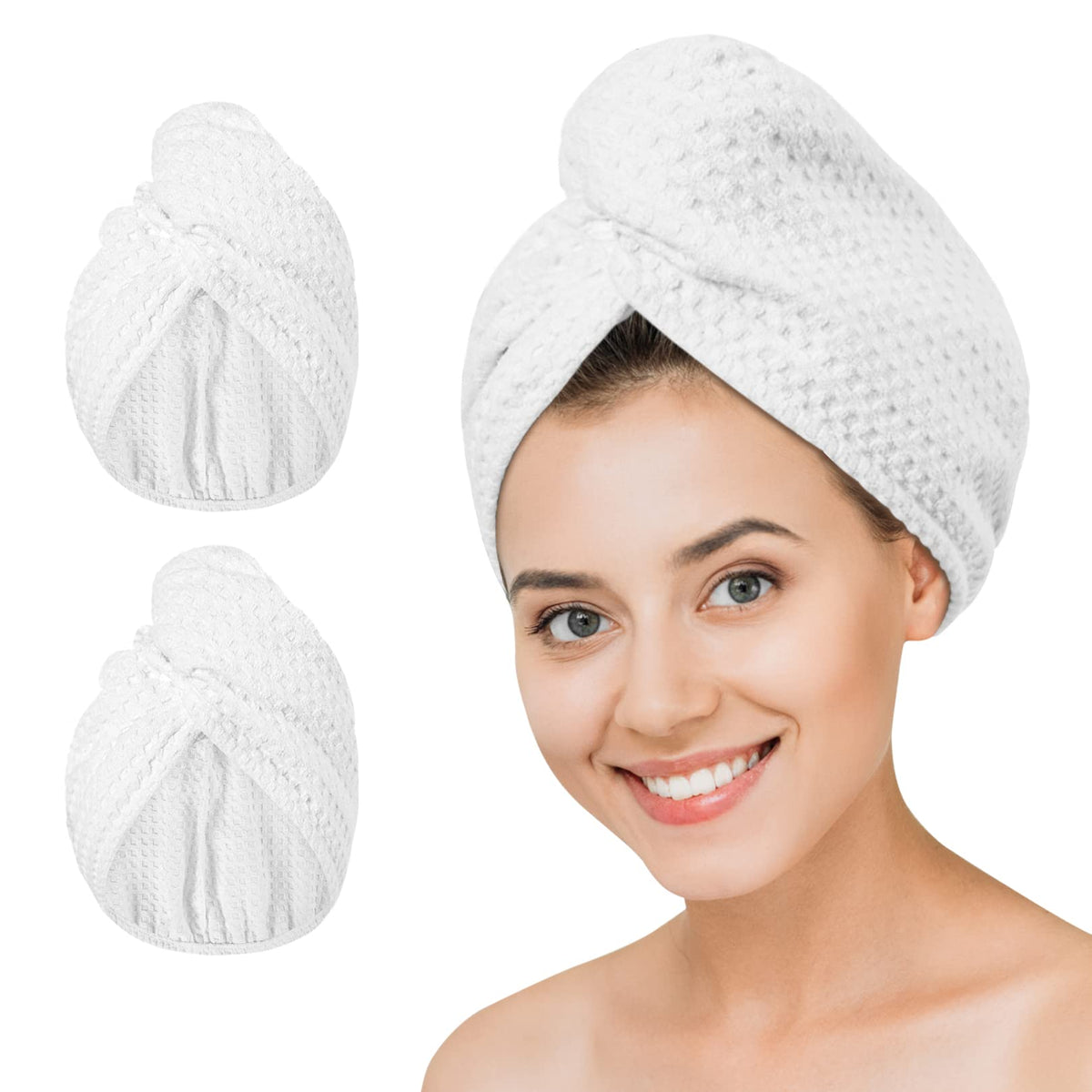 Microfiber Hair Drying Towel: 2 Pcs Waffle Long Hair Turban Wraps (Green)