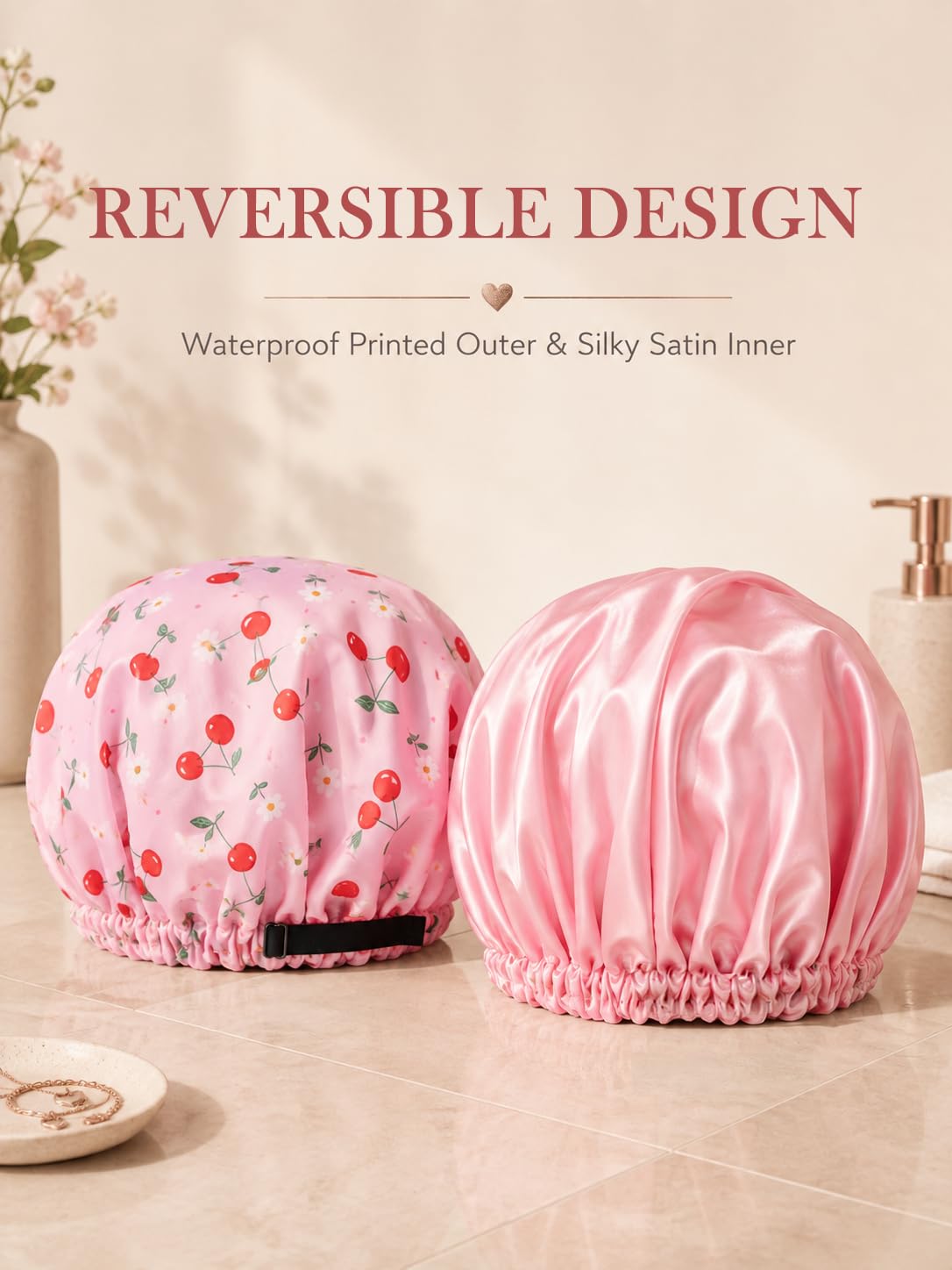 Aquior Shower Cap for Women, Extra Adjustable Shower Caps for Women Double-Layer Waterproof Reusable Hair Cap, Large Size Hair Cap for All Hair,for Girls Men Spa Bath,Soft and Comfortable (Cherry)