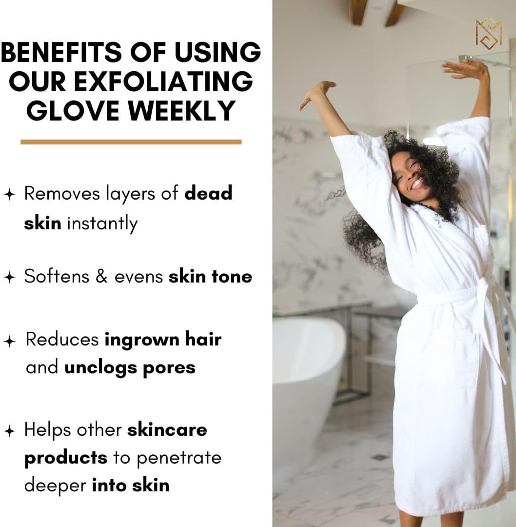 Exfoliating Glove Kessa Mitt Body Scrubber – Dead Skin Remover Shower Glove for Deep Pore Cleansing, Black Soap, and Moisturizer by Moroccan Source – 3 Piece Spa Set Kit
