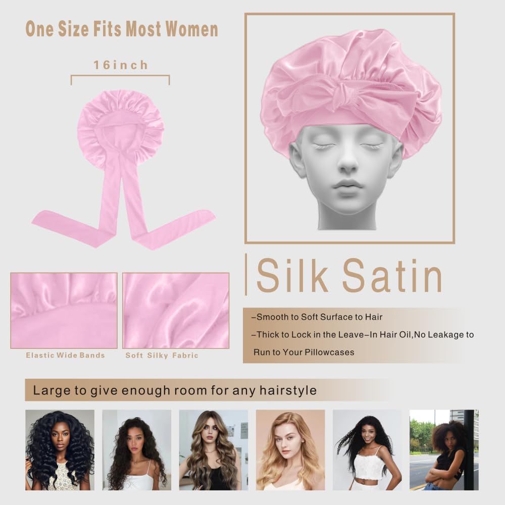 Silk Bonnet for Sleeping Women, Ajustable Hair Bonnet for Curly Hair with Tie Band Shower Caps Pink，Large
