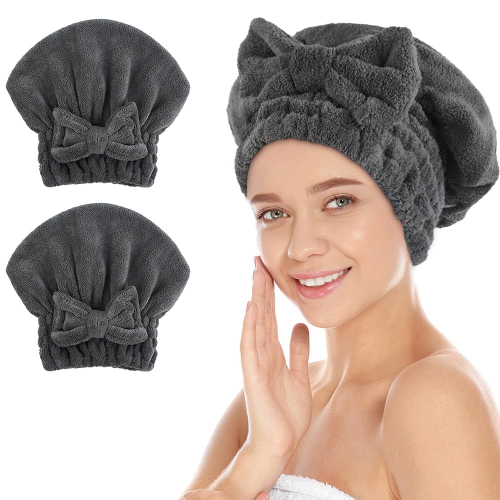 SUNLAND Large Microfiber Hair Drying Caps with Bow Knot 2 Pack Grey