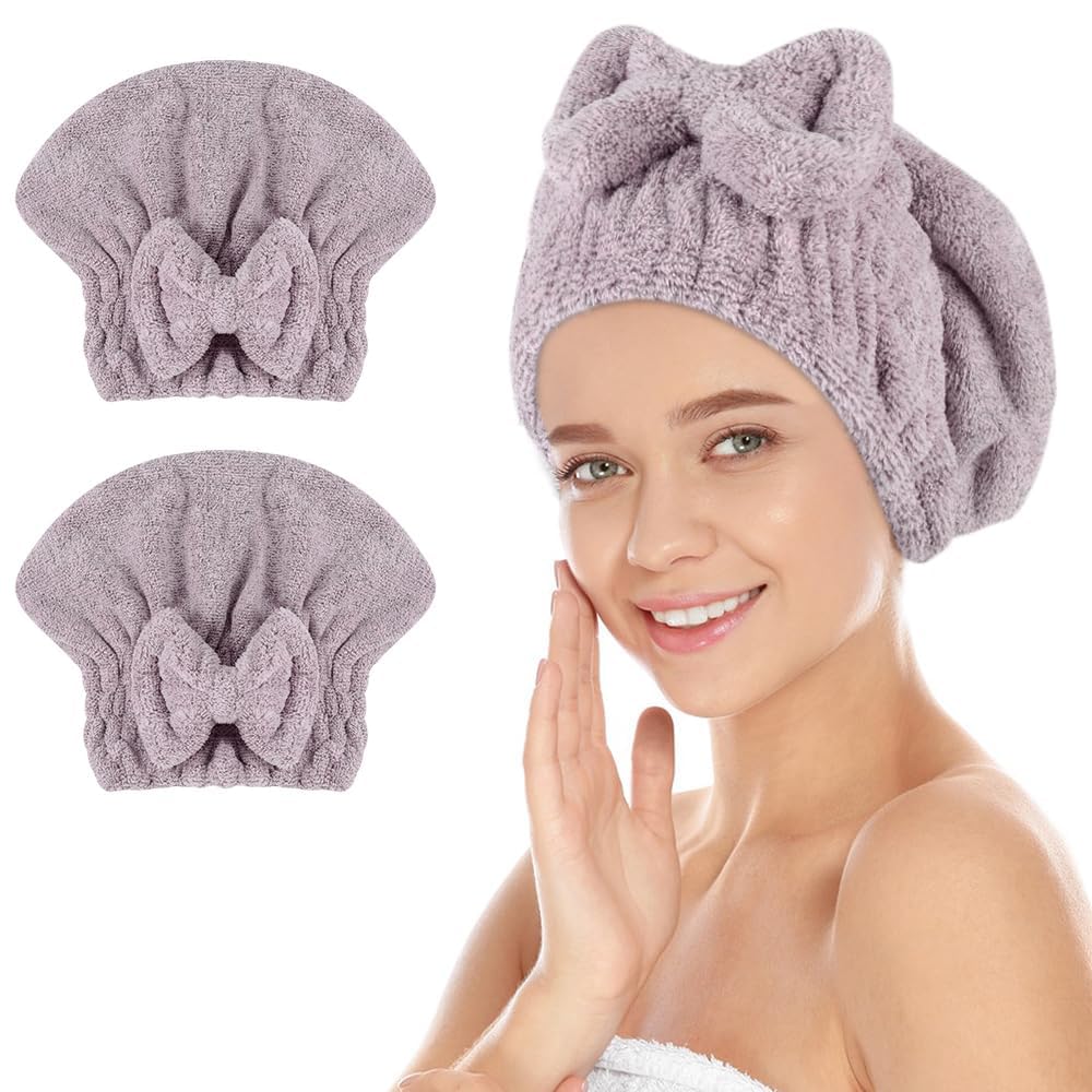 SUNLAND Large Microfiber Hair Drying Caps with Bow Knot 2 Pack Grey