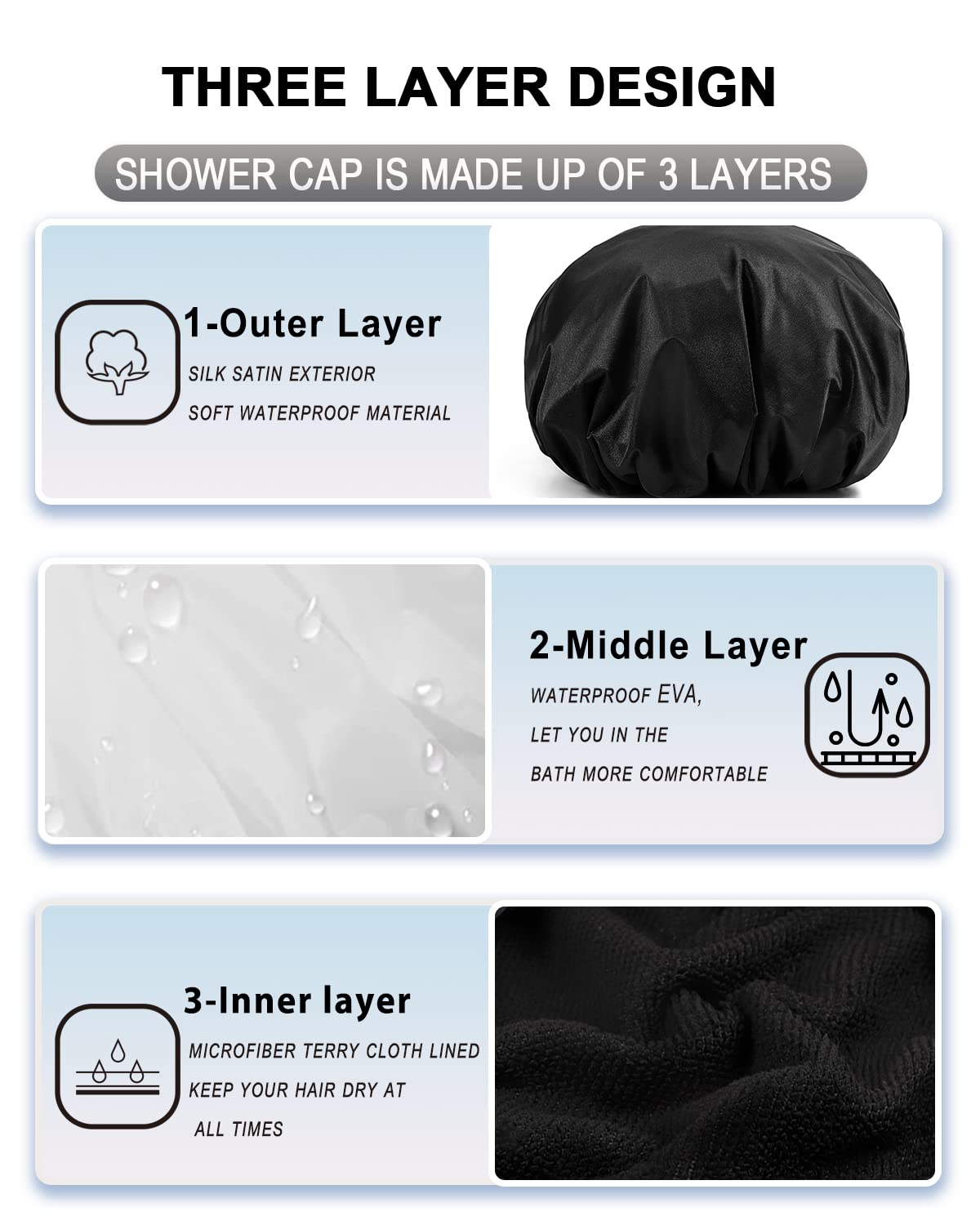 YIZIJIZI Large Terry Lined Shower Cap for Women, Reusable Waterproof