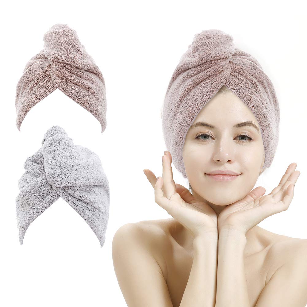 M-bestl 2 Pack Microfiber Hair Towel Wrap with Button,Quick Dry(Pink&Beige)