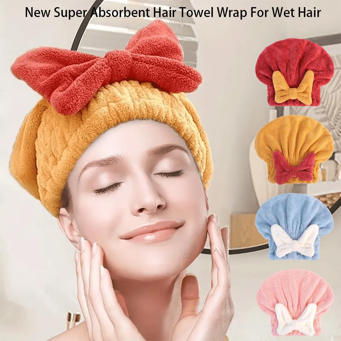 New Super Absorbent Hair Towel Wrap for Wet Hair, Microfiber Super Absorbent Hair Towel Wrap, Soft Absorbent Quick Drying Cap with Bow-Knot, Make Your Hair Smoother and shinier (2Pcs-A)