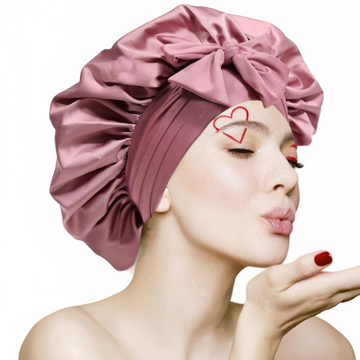 Silk Bonnet for Sleeping Women, Ajustable Hair Bonnet for Curly Hair with Tie Band Shower Caps Pink，Large