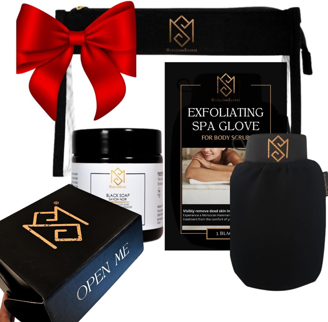 Exfoliating Glove Kessa Mitt Body Scrubber – Dead Skin Remover Shower Glove for Deep Pore Cleansing, Black Soap, and Moisturizer by Moroccan Source – 3 Piece Spa Set Kit