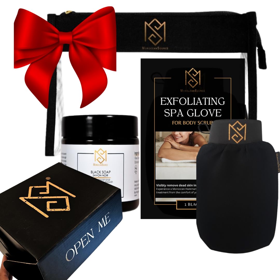 Exfoliating Glove Kessa Mitt Body Scrubber – Dead Skin Remover Shower Glove for Deep Pore Cleansing, Black Soap, and Moisturizer by Moroccan Source – 3 Piece Spa Set Kit