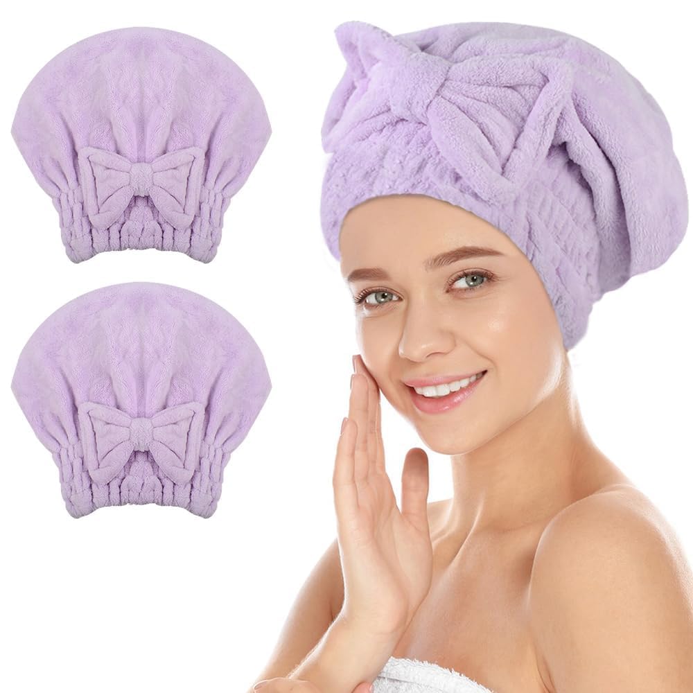 SUNLAND Large Microfiber Hair Drying Caps with Bow Knot 2 Pack Grey