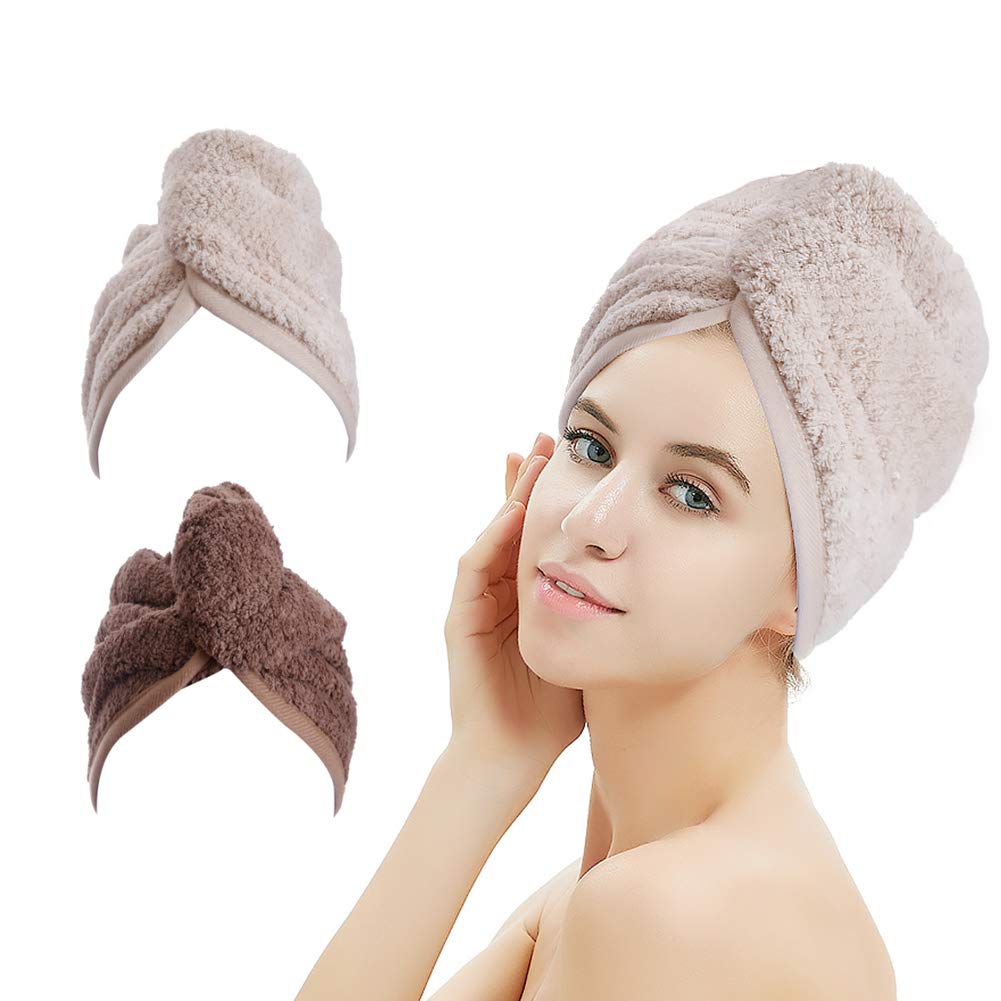 M-bestl 2 Pack Microfiber Hair Towel Wrap with Button,Quick Dry(Pink&Beige)