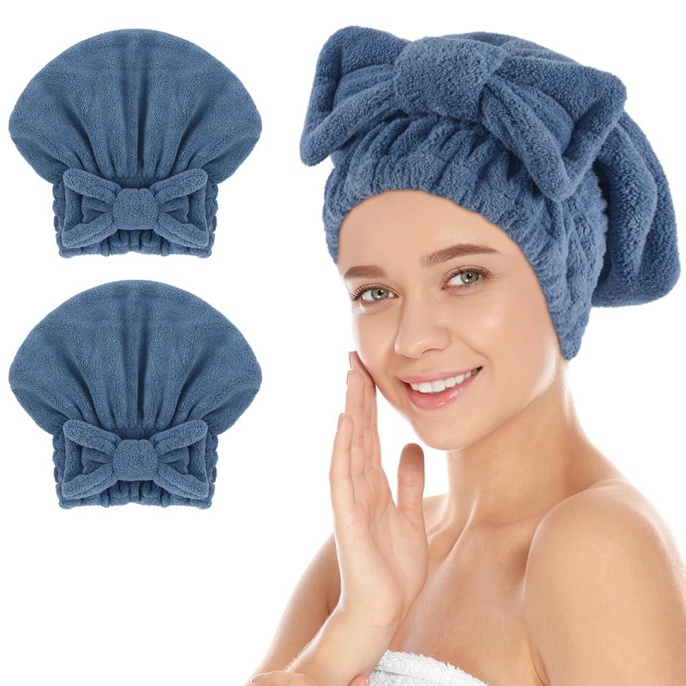 SUNLAND Large Microfiber Hair Drying Caps with Bow Knot 2 Pack Grey