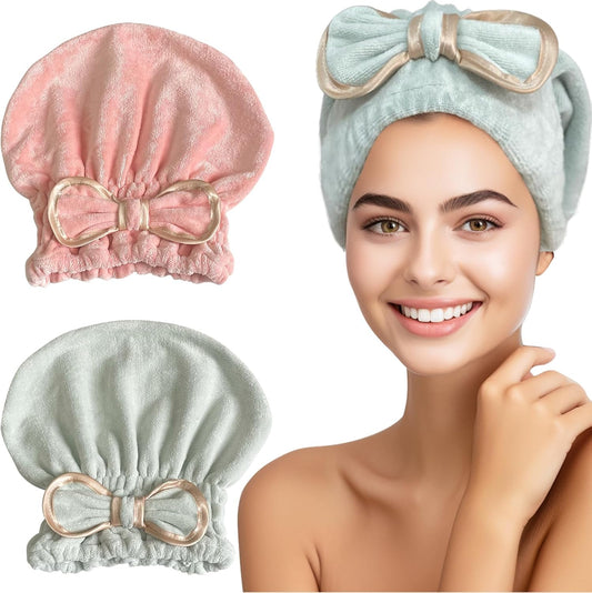 Jseng Microfiber Hair Towel Caps for Women with Cute Bowtie, 2Packs Fast Drying Hair Towel Caps for Curly Long Wet Hair Anti Frizz