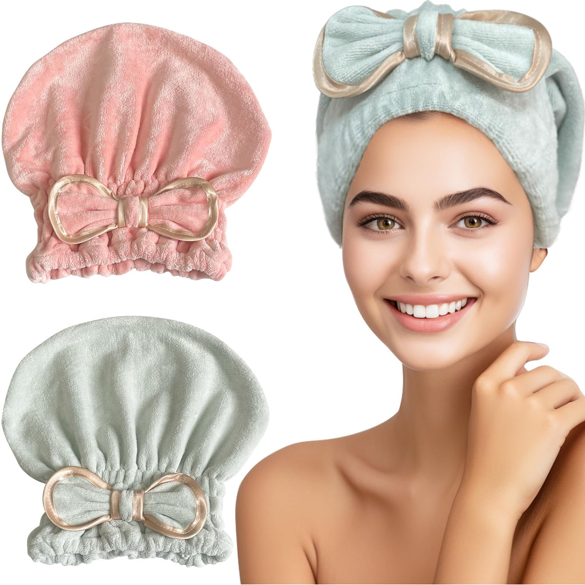 Jseng Microfiber Hair Towel Caps for Women with Cute Bowtie, 2Packs Fast Drying Hair Towel Caps for Curly Long Wet Hair Anti Frizz