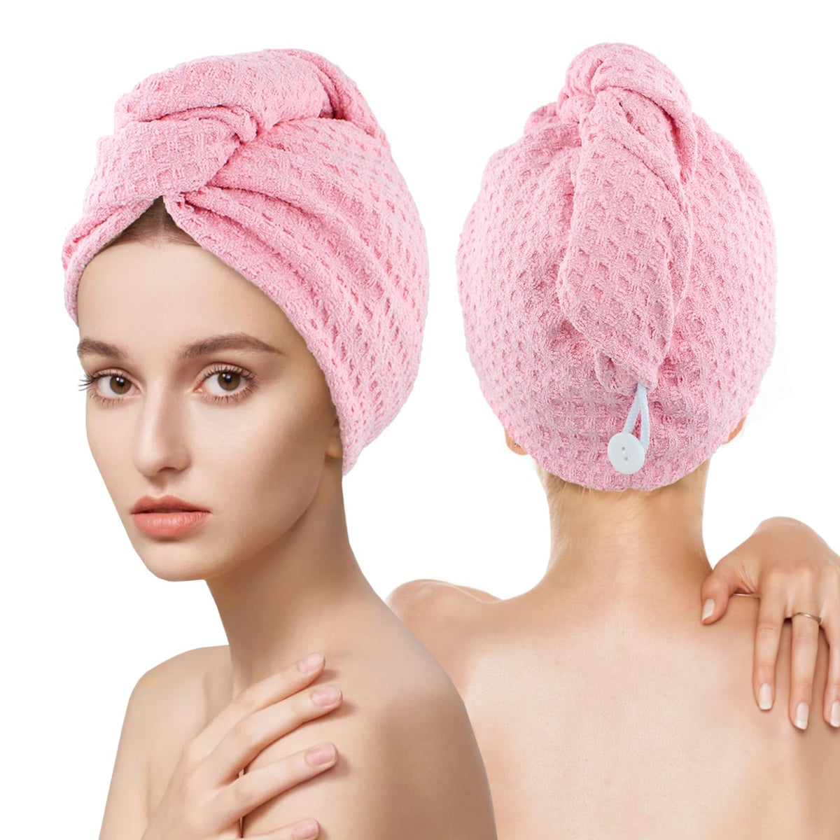 MaopaoBeauty Hair Towel Wrap for Women Long&Thick Hairs Head Wrap 1Pack Super Absorbent Hair Drying White Waffle Bath Towels for Curly Quick Dry Hair Drying Towels with Button