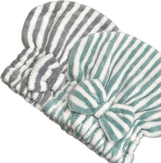 Jseng 2PC Microfiber Hair Drying Caps Stripe, Extreme Soft & Ultra Absorbent, Fast Drying Turban Hair Wrap Towels Thick Fluffy for Women