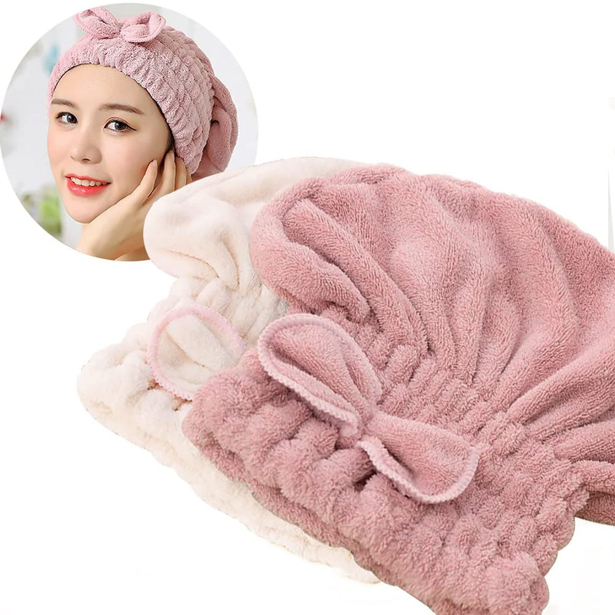 Jseng 2PC Microfiber Hair Drying Caps Stripe, Extreme Soft & Ultra Absorbent, Fast Drying Turban Hair Wrap Towels Thick Fluffy for Women
