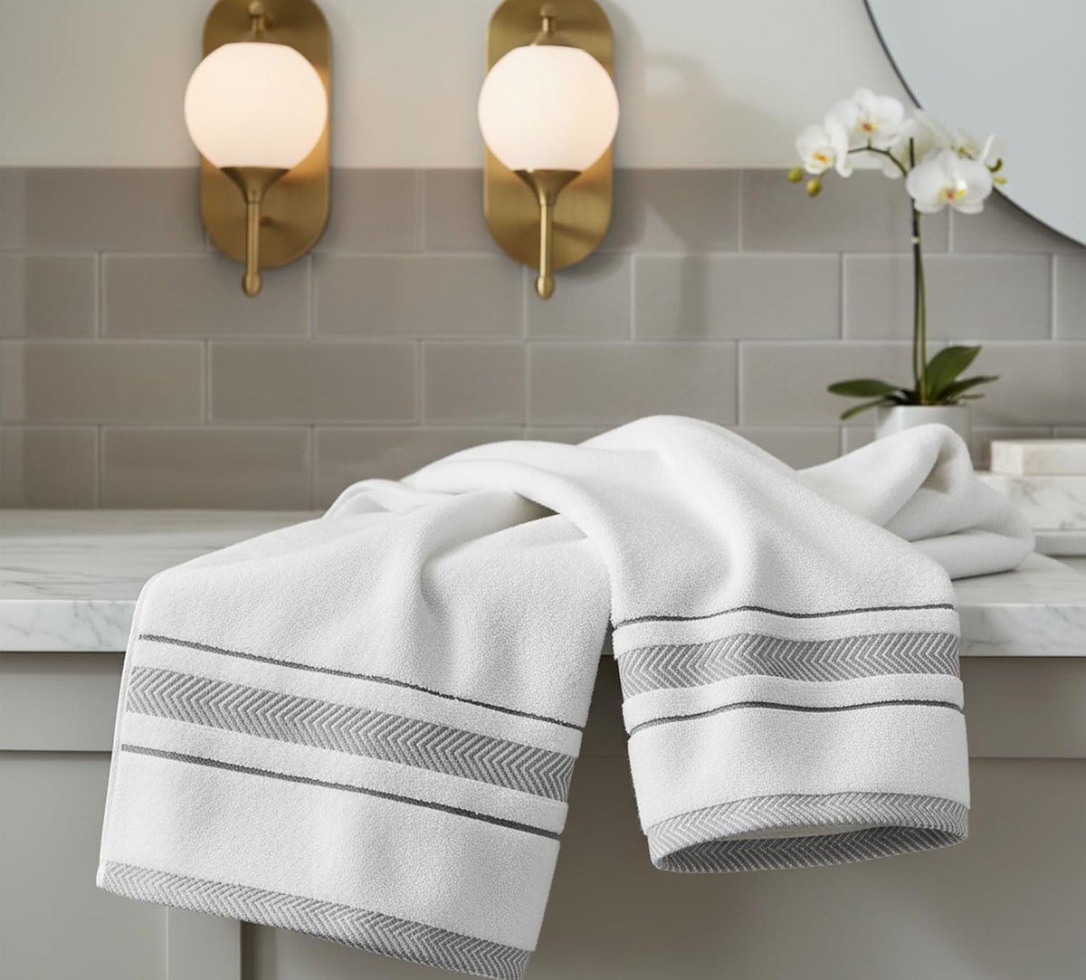 Bath Towels Set for Bathroom – Luxury 6-Piece Cotton Towels, Soft Absorbent & Quick Dry, 600 GSM Bath Towels for Bathroom, Hotel Spa Quality (White/Grey, 6- Bath Towel Set)