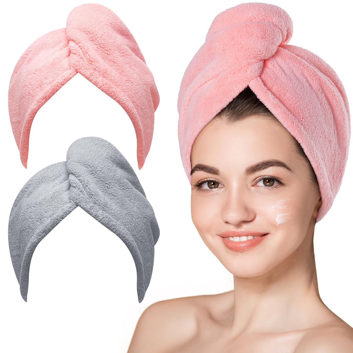 Hicober Microfiber Hair Towel Wrap for Women, Blue Grey Pink, 3-Pack