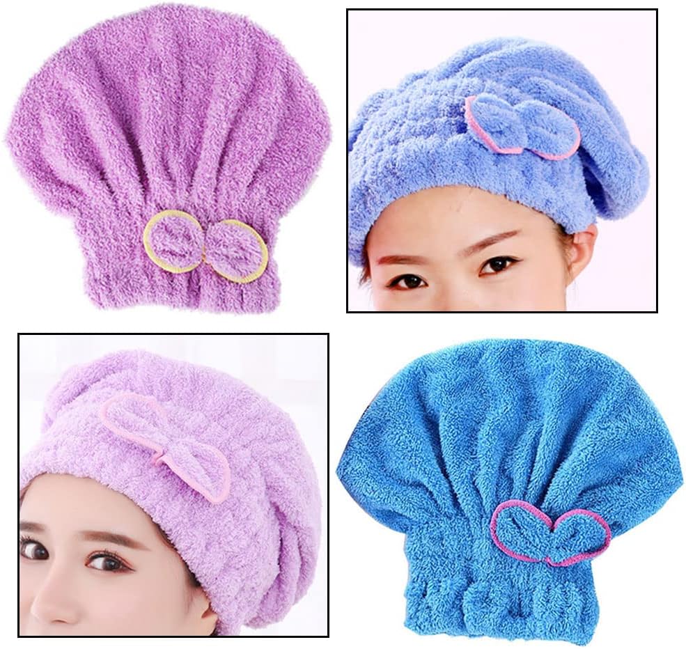 2 Pcs Microfiber Hair Drying Towels, Ultra Absorbent Cap Bowknot Turban for Women Adults or Girls, Multicolour