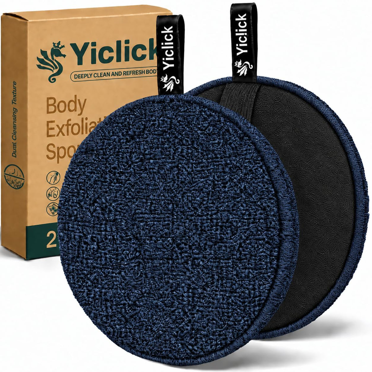 Yiclick Exfoliating Body Scrubber (2 Pack), Body Exfoliator Scrubber, Exfoliating Sponge for Shower Bath, Shower Loofah Luffa Lufa with Handle, Dead Skin Exfoliator for Body Scrub, Men Women