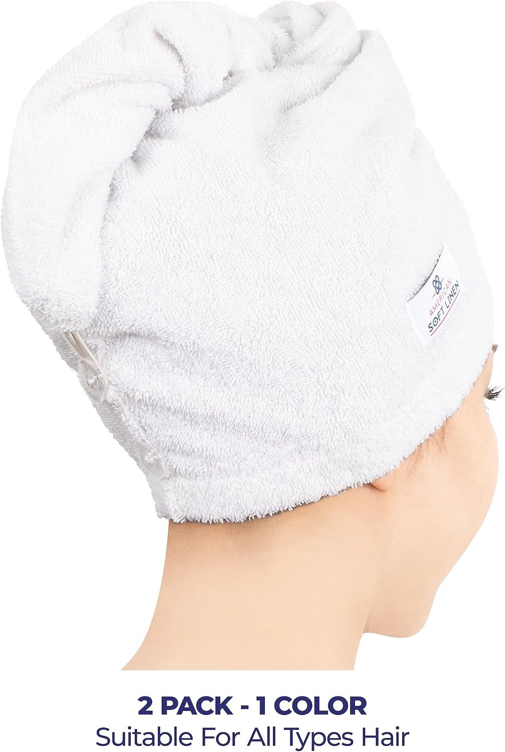 American Soft Linen 100% Cotton Hair Towels for Women, Head Towel Cap, Cotton Hair Turban Towel Wrap for Long Curly Anti Frizz Hair, Soft and Absorbent Cotton Hair Towels 2 Pack, White