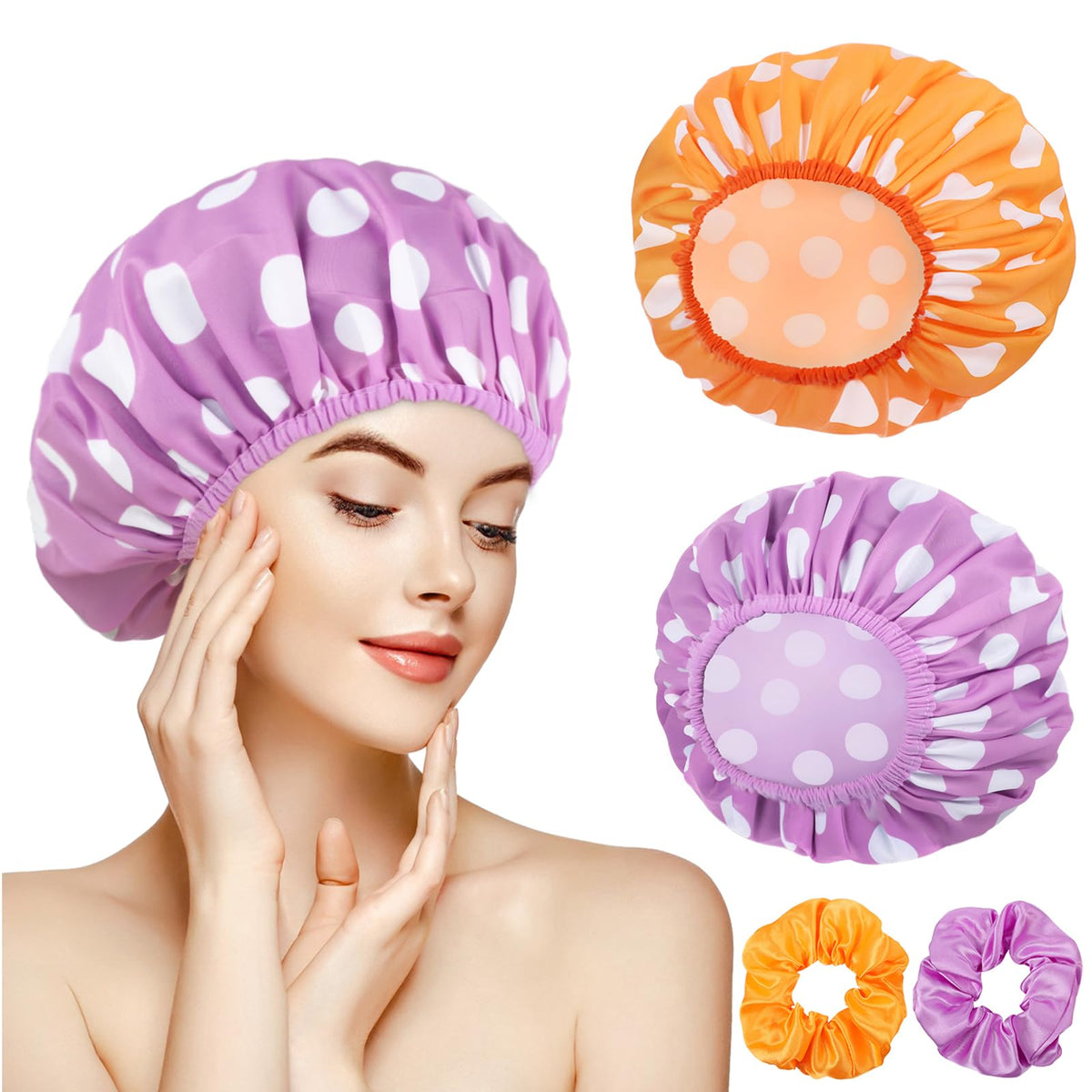 WSICSE 2 Packs Large Shower Caps for Women, Waterproof Shower Cap Double Layers Bath Caps with Hair Scrunchies for Long Thick Hair