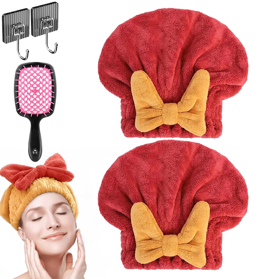 New Super Absorbent Hair Towel Wrap for Wet Hair, Microfiber Super Absorbent Hair Towel Wrap, Soft Absorbent Quick Drying Cap with Bow-Knot, Make Your Hair Smoother and shinier (2Pcs-A)