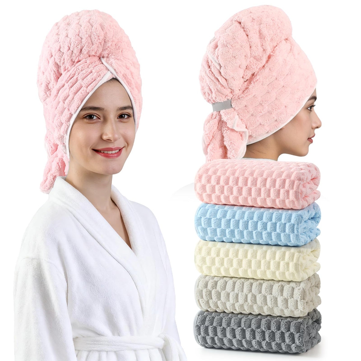 REDKISS 3 Pack Microfiber Hair Towels - Extra Large Hair Towel Wrap for Women, 24x42 inch Hair Towels with Elastic Strap, Super Soft Hair Drying Towels for Long, Thick, Curly Anti Frizz Turbans