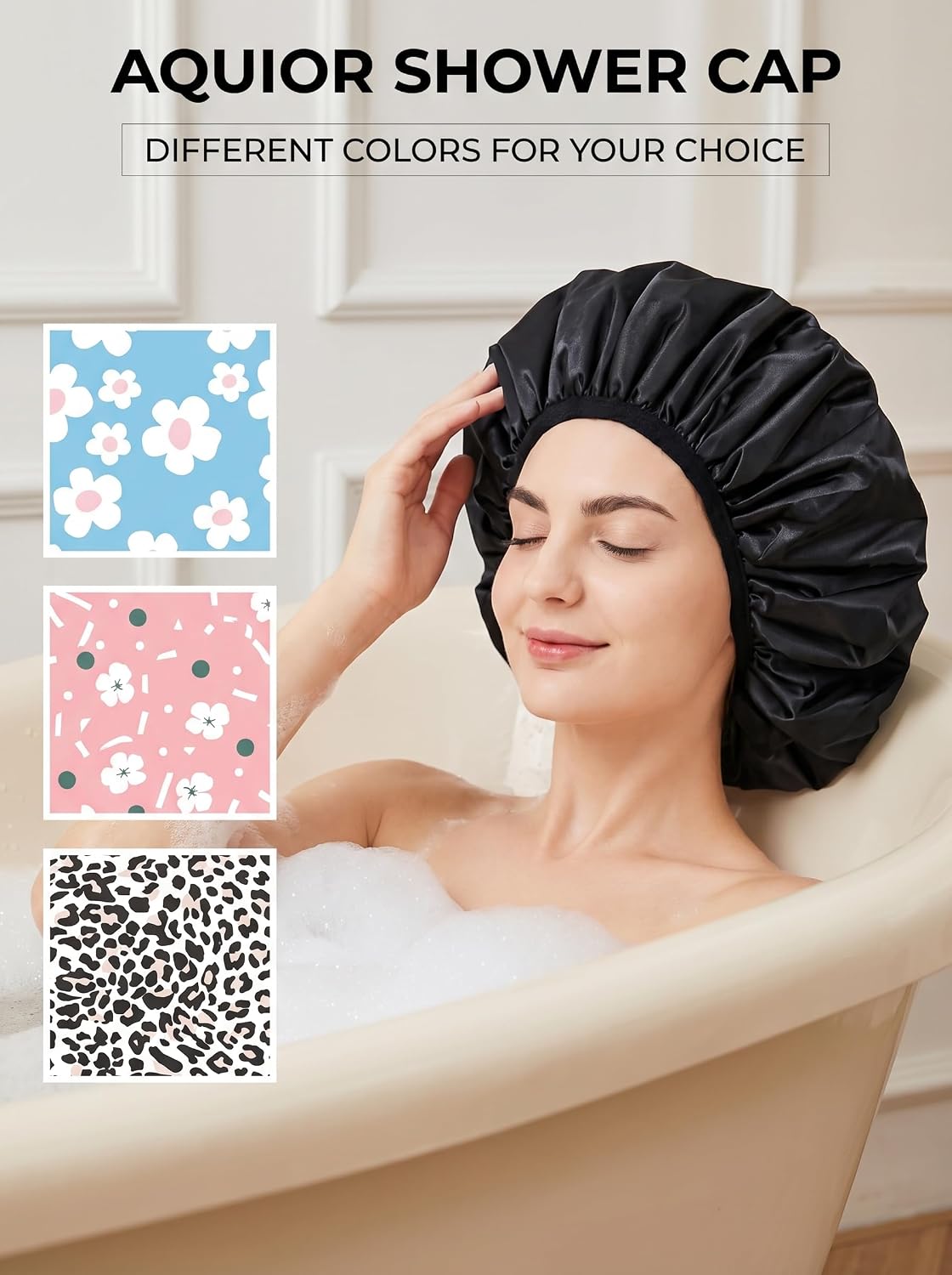 Aquior Shower Cap,Terry Lined Shower Cap for Women Reusable, Triple Layer Waterproof Bath Cap, Extra Large for Women Long Hair(Black)